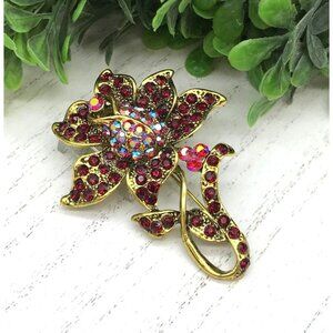 Vintage Gold Tone Flower Brooch With Red & Multicolor Rhinestones Elegant Floral